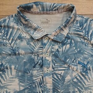 Puma Polo Mens Extra Large Blue Floral Hawaiian Palm Tree Golf Stretch Flex